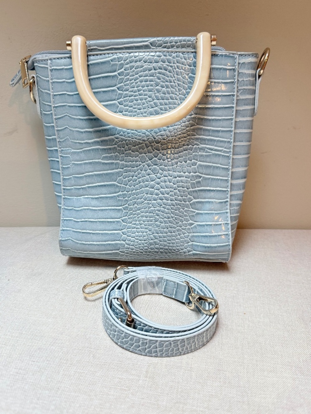 Light Blue Crocodile Embossed Handbag With Resin Handles and Shoulder Strap